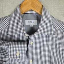 ETON Mens Medium 100 Cotton Sport Shirt Blue/Gray/White Gingham Check 15.5