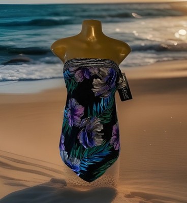 Miraclesuit Hankini Tankini Top Flora Aura Black Removable Straps Sz 8 NWT $140