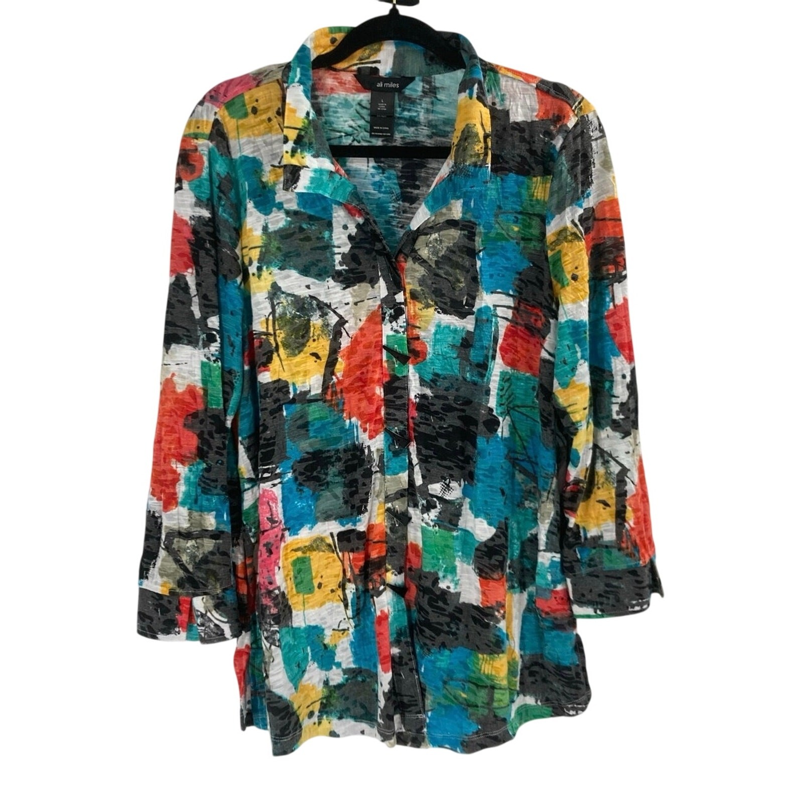 Ali Miles Paint Splotch Wired Collar 3/4 Sleeve Texture Button Tunic Large Artsy