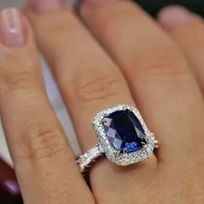 4Ct Cushion Lab Created Blue Sapphire Halo Engagement Ring 14K White Gold Plated