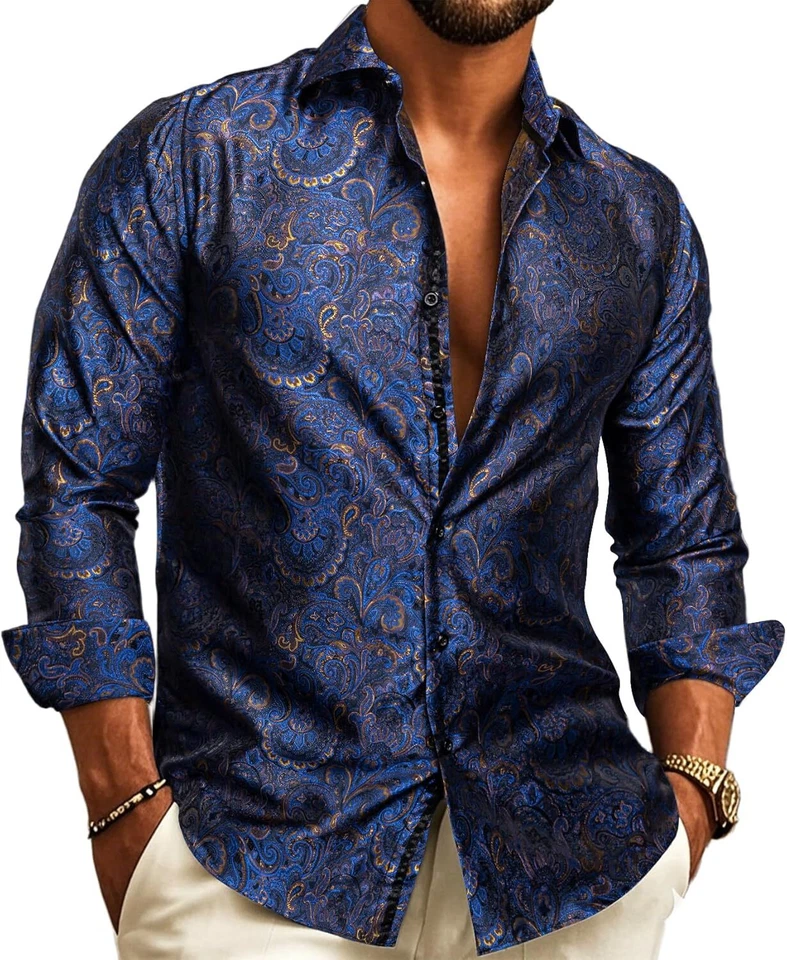 Para Hombres Seda Cachemira Camisa Occidental Manga Larga Con Botones Vestido Vaquero Prenda para el torso Informal Foto 2 de 4