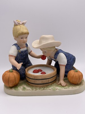 Vintage Homco Denim Days 1985 Figurine Bobbing for Apples Porcelain Bisque 1527