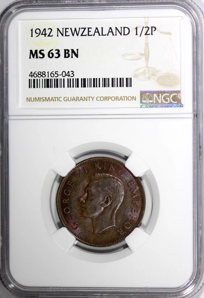 New Zealand George VI Bronze 1942 1/2 Penny NGC MS63 BN KEY DATE SCARCE KM#12(3) - Image 2 of 4