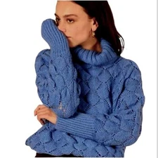 FRNCH Paris Cozy Chunky Blue Knit Pullover Turtleneck Sweater Size S/M