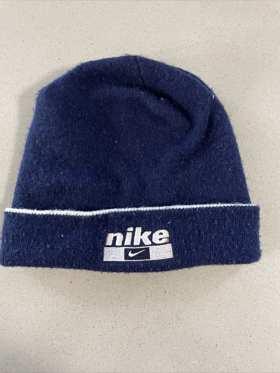 Vintage Nike Hat Adult Blue Winter Stocking Cap Swoosh Logo USA 
