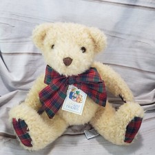Just Friends Teddy Bear Curly Tan Tartan Plaid Bow Paws Christmas 10 Inch 1994