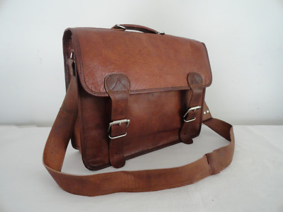 16 In Messenger Bag Vintage Leather Office Briefcase Laptop Satchel Shoulder Bag