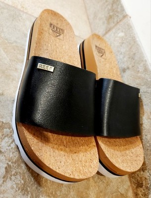 Reef | Women's 8 Cushion Scout Hi Black Faux Leather Wedge Sandals Slides Shoes