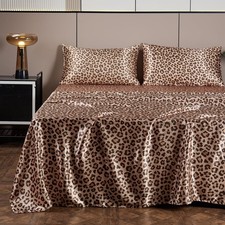 AiMay 4 Piece Queen Size Satin Bed Sheet Set Deep Pocket Golden Leo... Fast Ship