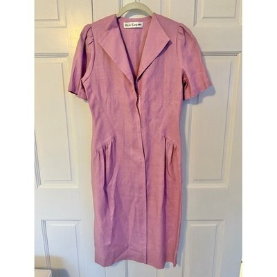 Vintage Adele Simpson Linen Dress Size 10 Pink Midi Tailored Short Sleeve