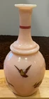 Small Milk Glass Vase Pink Gold Trim Bird Decorations Unique Vintage 5"