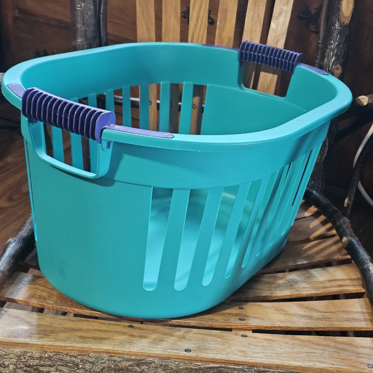 Frem Corp Laundry Basket Vintage 80s Teal Purple Handles 21x16x10