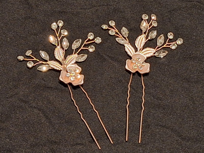 Set Of 2 Rose Gold Tone Delicate Floral Branch Leaf Hair Pin Rhinestone, NIP