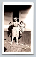 Vintage 1940s Black & White Photo Woman with Two Children Porch Scene