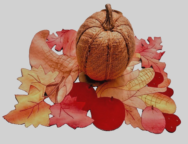 9" Tan Burlap Pumpkin Table Topper on Colorful 12"X16" Autumn Placemat