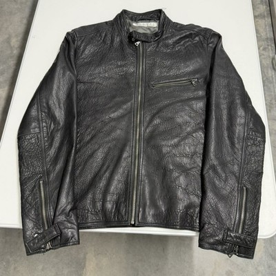 Kenneth Cole New York Mens Black Pebbled Leather Moto Jacket Cafe Racer Zip Up