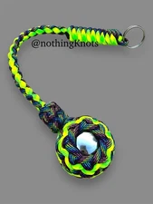 Monkey Fist Paracord Wrapped 1.5 inch Steel Ball in Dark Rainbow/Green Keychain 