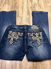Miss Me women  s blue dark wash Relaxed Boot bootcut jeans cross pockets 28