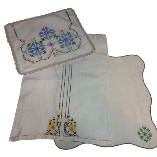 Vintage Hand Embroidered Linen Set Floral Cross Stitch Crochet Lace 3 Piece Lot
