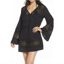 La Blanca Tunic Swimsuit Cover-Up Black Crochet Lace V Neck Dress Size Small