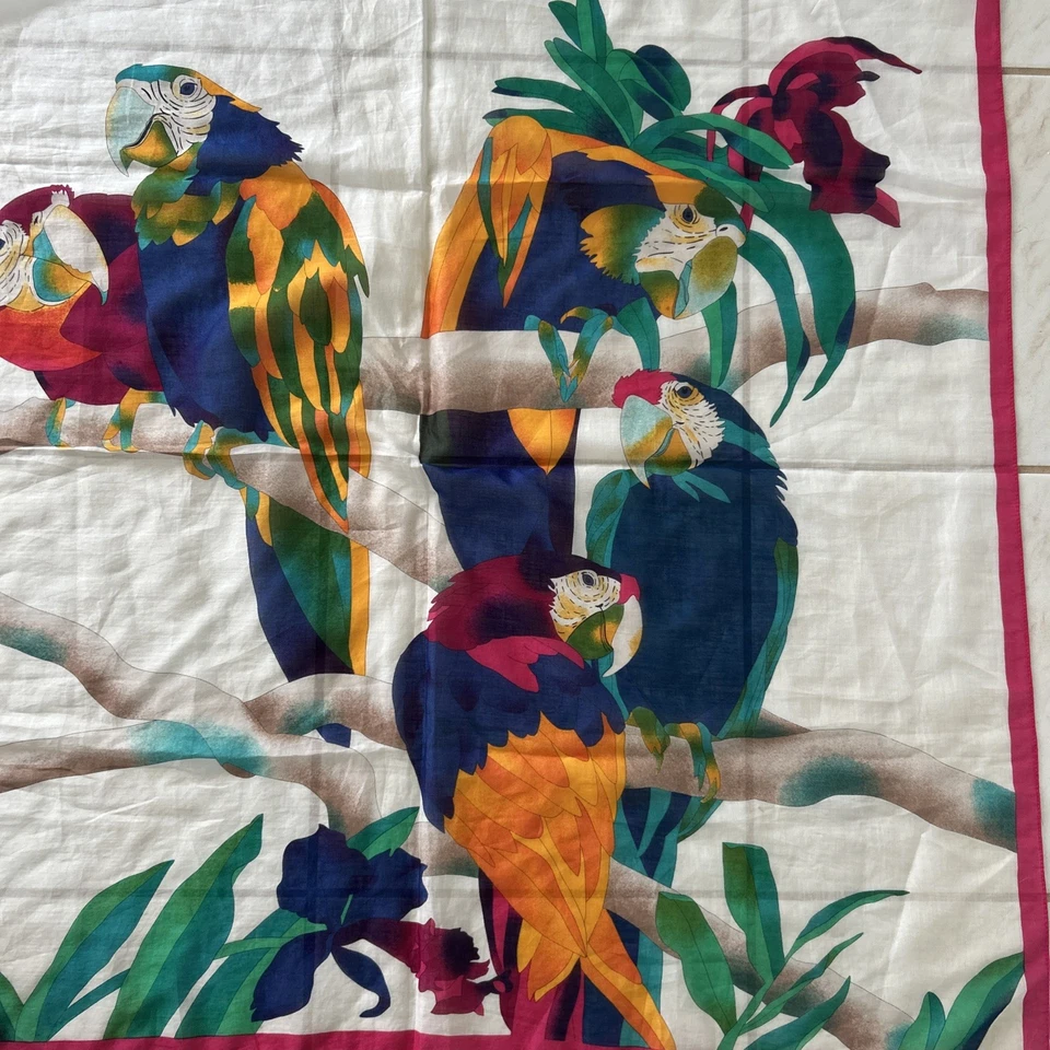 Bufanda vintage Ginnie Johansen aves tropicales flores algodón hecha en Japón 34 pulgadas Foto 3 de 4