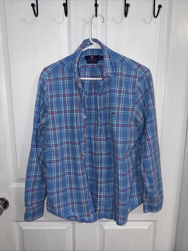 Vineyard Vines Tucker Shirt Mens Medium Slim Fit Blue Plaid Long Sleeve Button