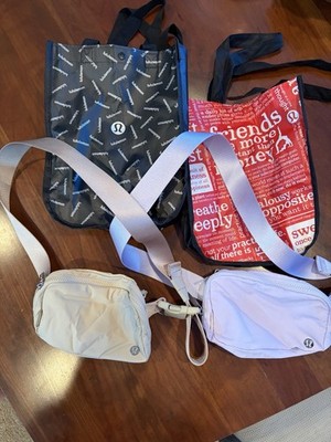 Lululemon Lot of 2 Belt Bags tan & Purple Fanny Pack Crossbody & 2 Shopping Bags