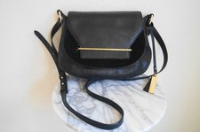 Vince Camuto Black Leather Crossbody Saddle Bag Gold Hardware Logo Medallion