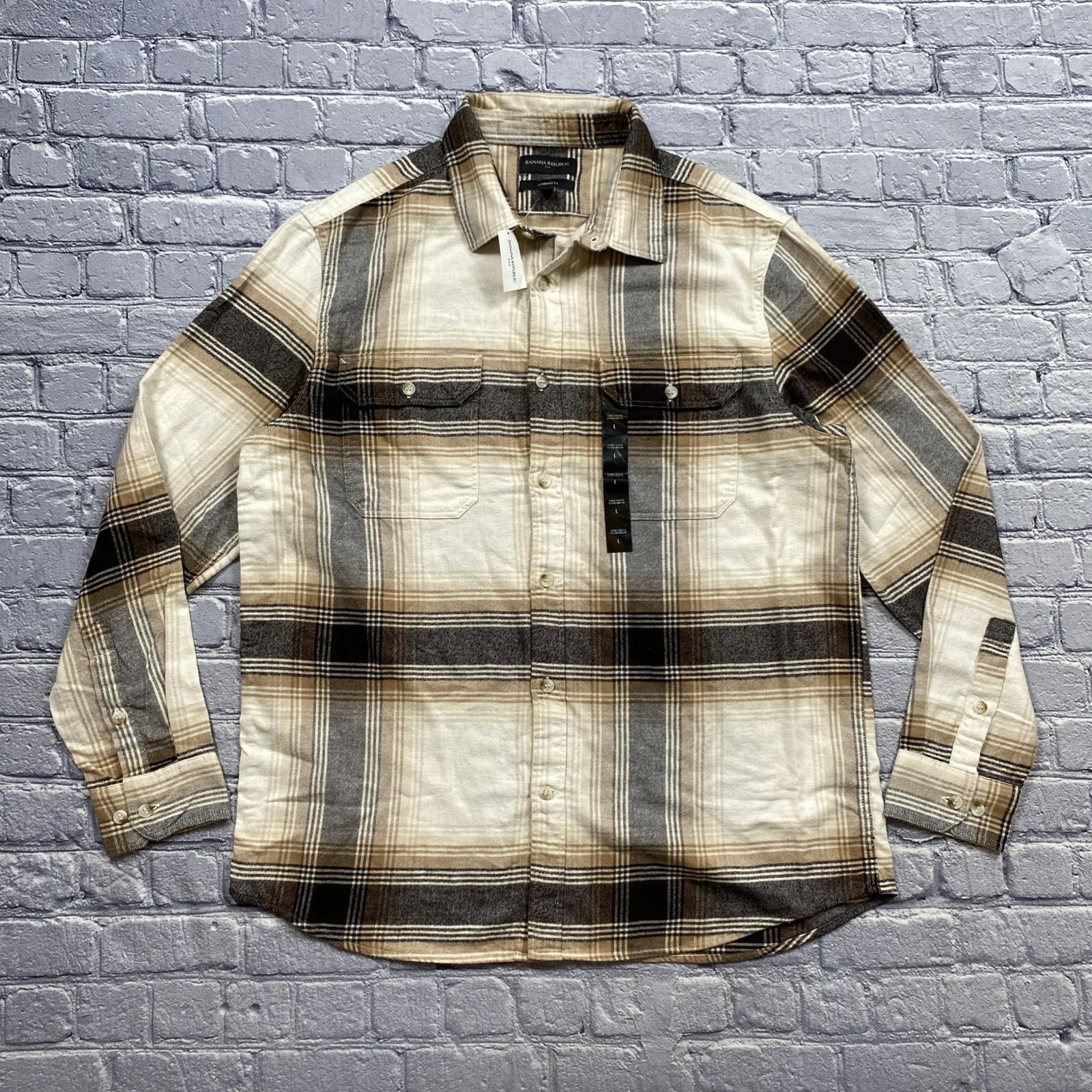 Banana Republic Flannel Shirt Sz L Neutral Plaid Minimalist Cabincore Hiking NEW