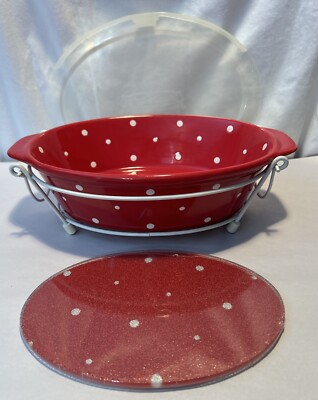 TEMP-TATIONS BY TARA RED POLKA DOT 1.5 QUART OVAL BAKING PAN W/ TRAY PLASTIC LID