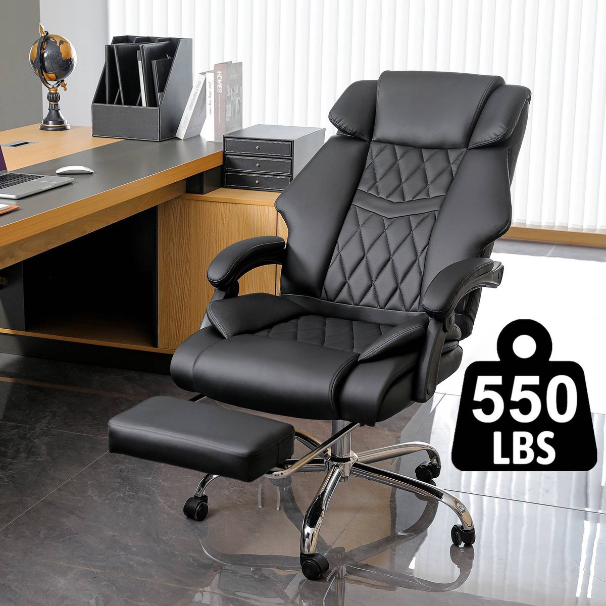 KCREAM 550lbs Heavy Duty Big And Tall Executive Office Chair With Reclining Footrest, Wide Seat & PU Leather - Ergonomic Brown Desk Chair For Home & Office
