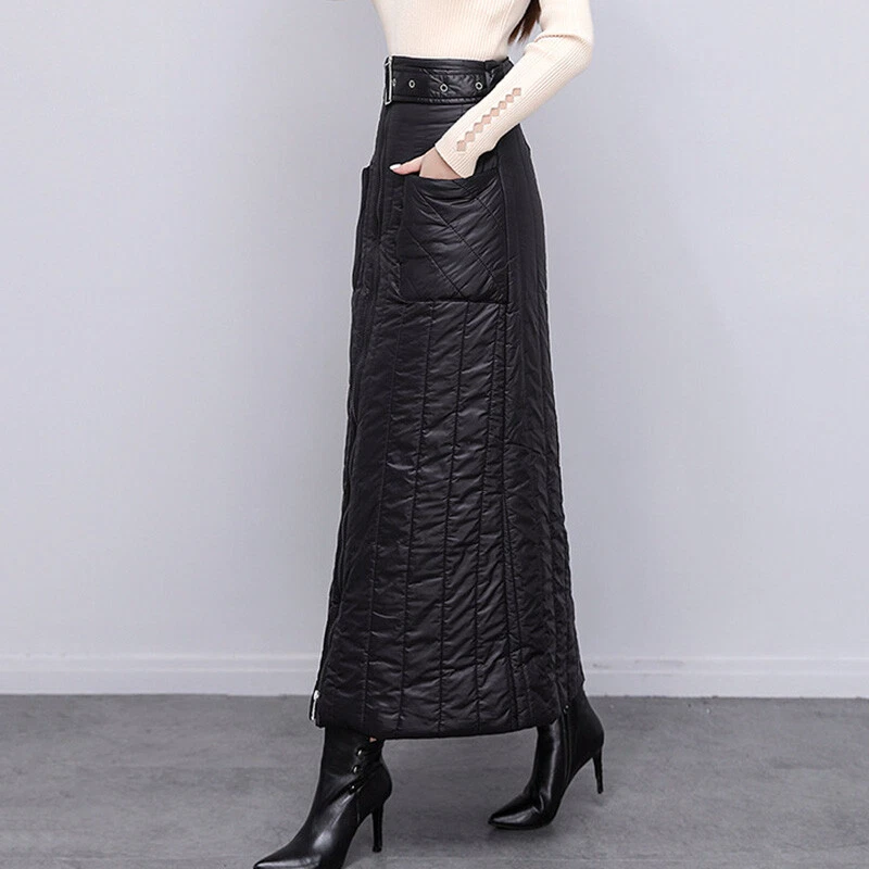 Lady Long Skirt Bodycon Padded Quilted Belt Zipper Pocket Warm Winter Slim Soft