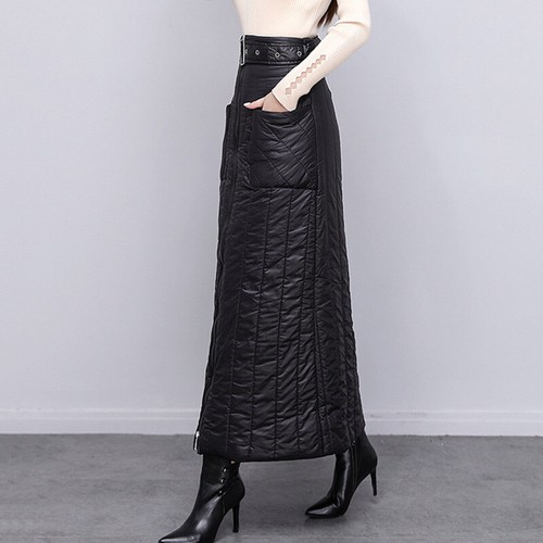 Jupe longue femme moulante slim rembourrée matelassée ceinture fermeture éclair poche chaude hiver douce - Photo 4/8
