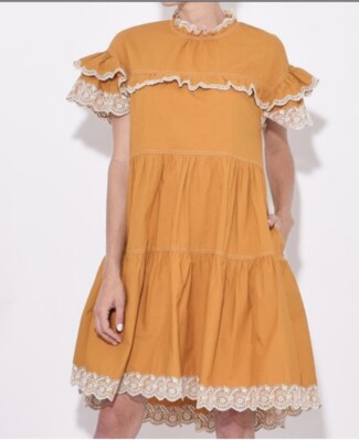 Ulla Johnson Gold Mustard Lace Ruffle Leonie Dress in Ochre O