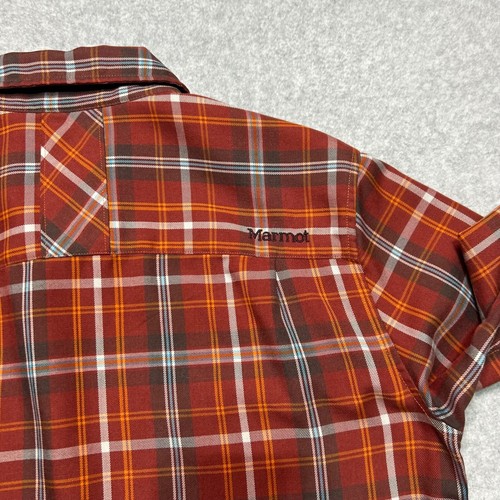 Marmot Shirt Mens Small Red Orange Plaid Button Up Polyester Wool Blend Outdoor - Picture 8 of 11
