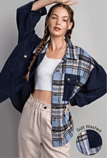 Davi& Dani Blue Plaid Split Corduroy Shacket Women’s Size M Oversized Streetwear