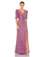 Mac Duggal Plum Purple Sequin Surplice V-Neck Short Puffed Sleeve Gown 18 $498