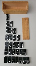 Dominoes Wood Boxed Full Set Double Six Black w Brass Spinners Japan