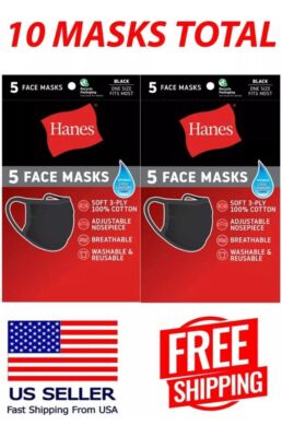 Hanes 100% Cotton Fabric Reusable Face Mask Washable Comfortable 10 Masks BLACK