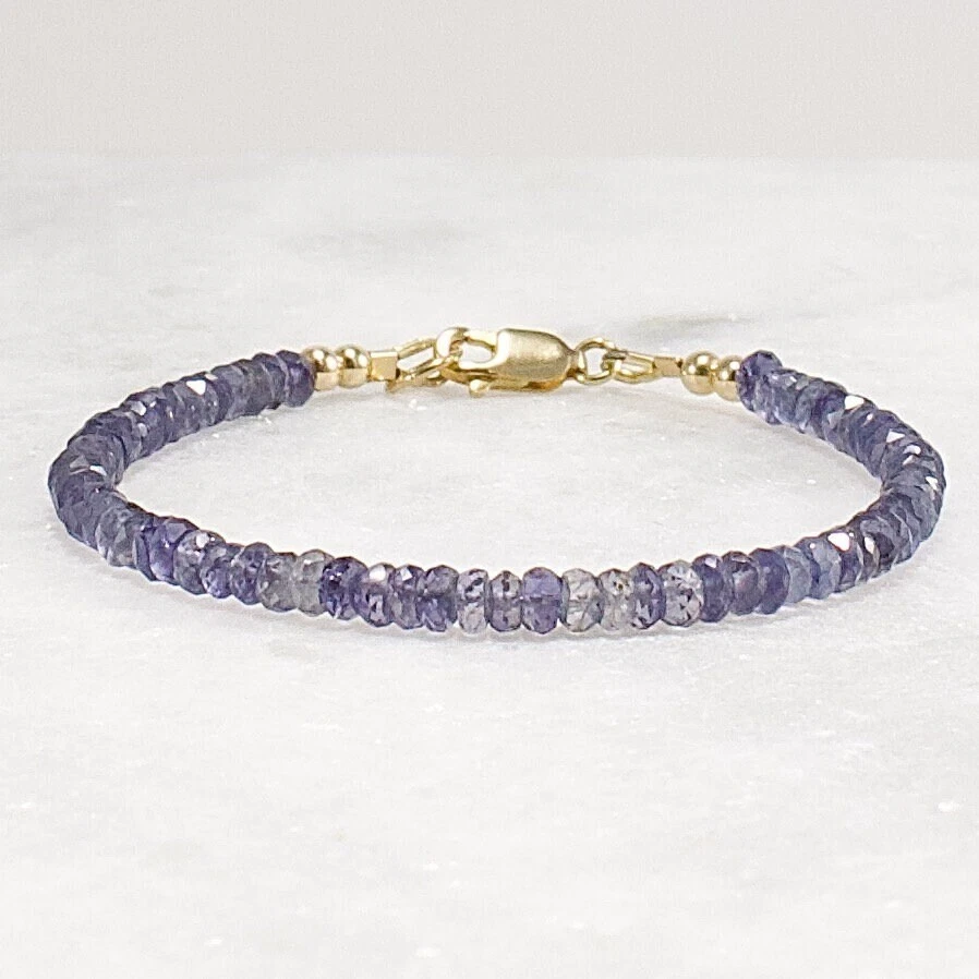 Pulsera de Iolita, Pulsera de Cuentas de Piedras Preciosas Micro Facetada Pulsera Apilable de Lujo Foto 3 de 4
