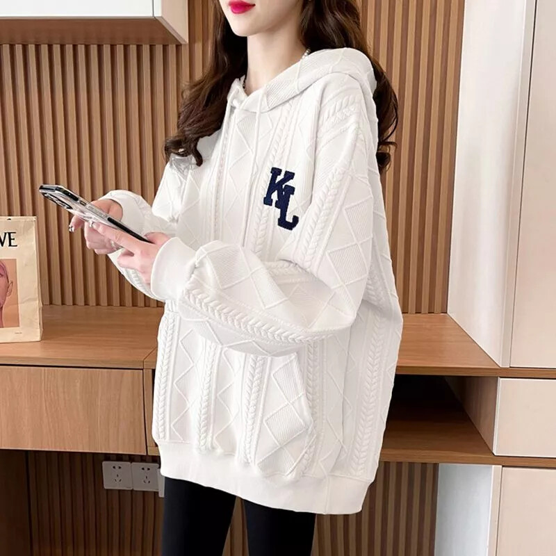 Sudadera Mujer Suave De Manga Larga Blanca Con Capucha Cuello Redondo 84139