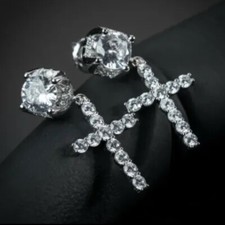 Real 925 Sterling Silver Men's Ladies Dangle Cross Studs Earrings Iced CZ