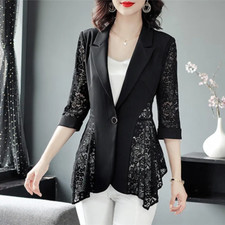 Lady Lace Blazer Suit Floral Jacket Coat Outerwear Spliced Hollow Office Fashion