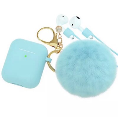 For Apple Airpods Case Earphone with Key chain Pompom & Pearl Blue