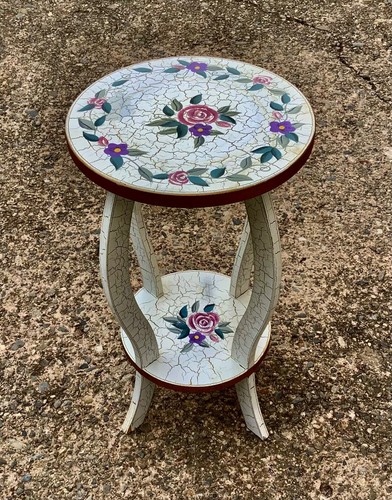 SELLETTE PORTE POTS DE FLEURS à Double Plateaux en BOIS Peint Décors Florales - Photo 14/21