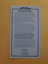 Activision Video Game Cartridge Limited One Year Warranty Insert Sheet 1982