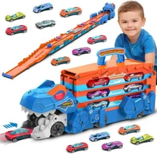 VATOS Toddler Truck Car Toy - Ejection Folding Dinosaur Track Car Toys with Cars