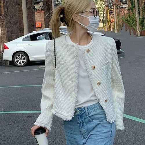 Classic Cropped Tweed Jacket in White