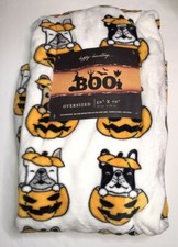 PUG DOGS HALLOWEEN PUMPKINS THROW BLANKET Happy Haunting 50x70 NWT