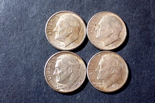 Four  Roosevelt Dimes  1951 52 53 57 AU/BU 90% Silver   Lot ROOS  077